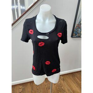 Lauren Moshi Red Lips Distressed Tee T Shirt Black Size XS